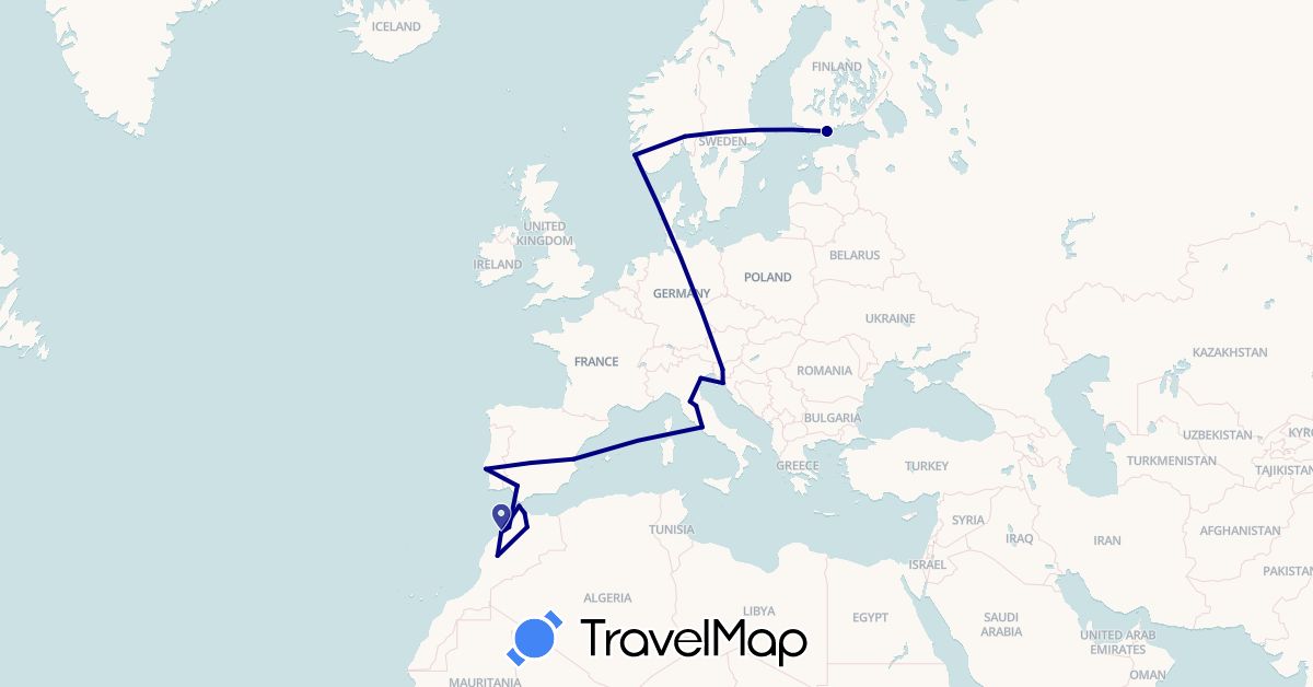 TravelMap itinerary: driving in Spain, Finland, Croatia, Italy, Morocco, Norway, Portugal, Slovenia (Africa, Europe)